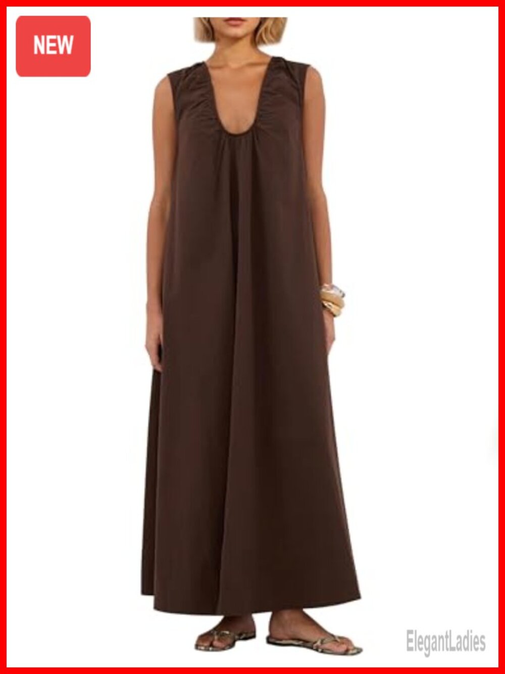 Sleeveless Ruched Maxi Dress Scoop Neck Wide Strap Side Pockets